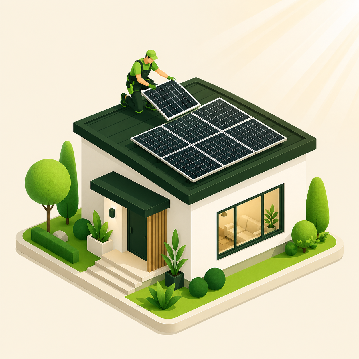 Illustration d'un technicien qui installe un panneau solaire sur la toiture d'une maison