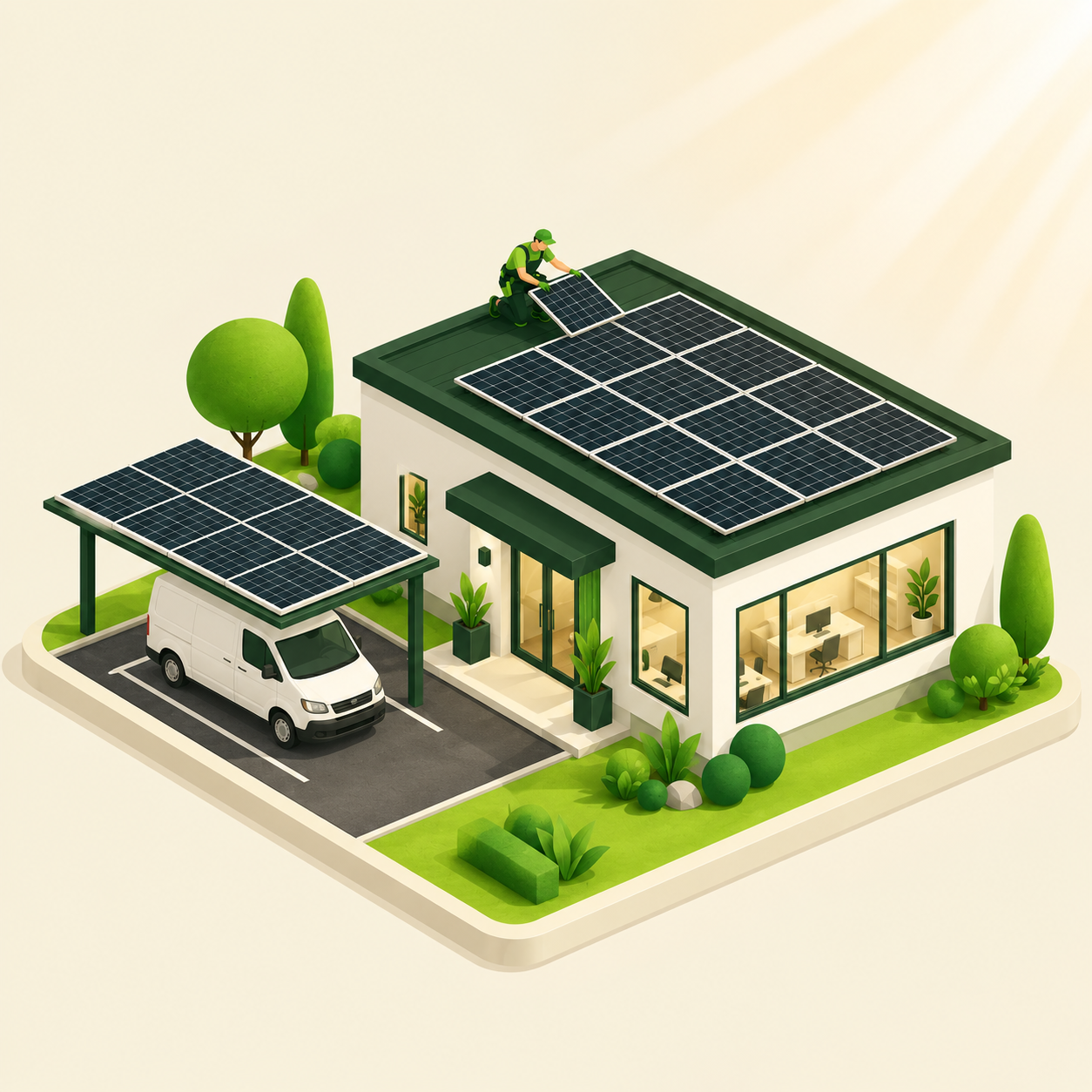 Illustration d'un technicien qui installe un panneau solaire sur la toiture d'un bureau