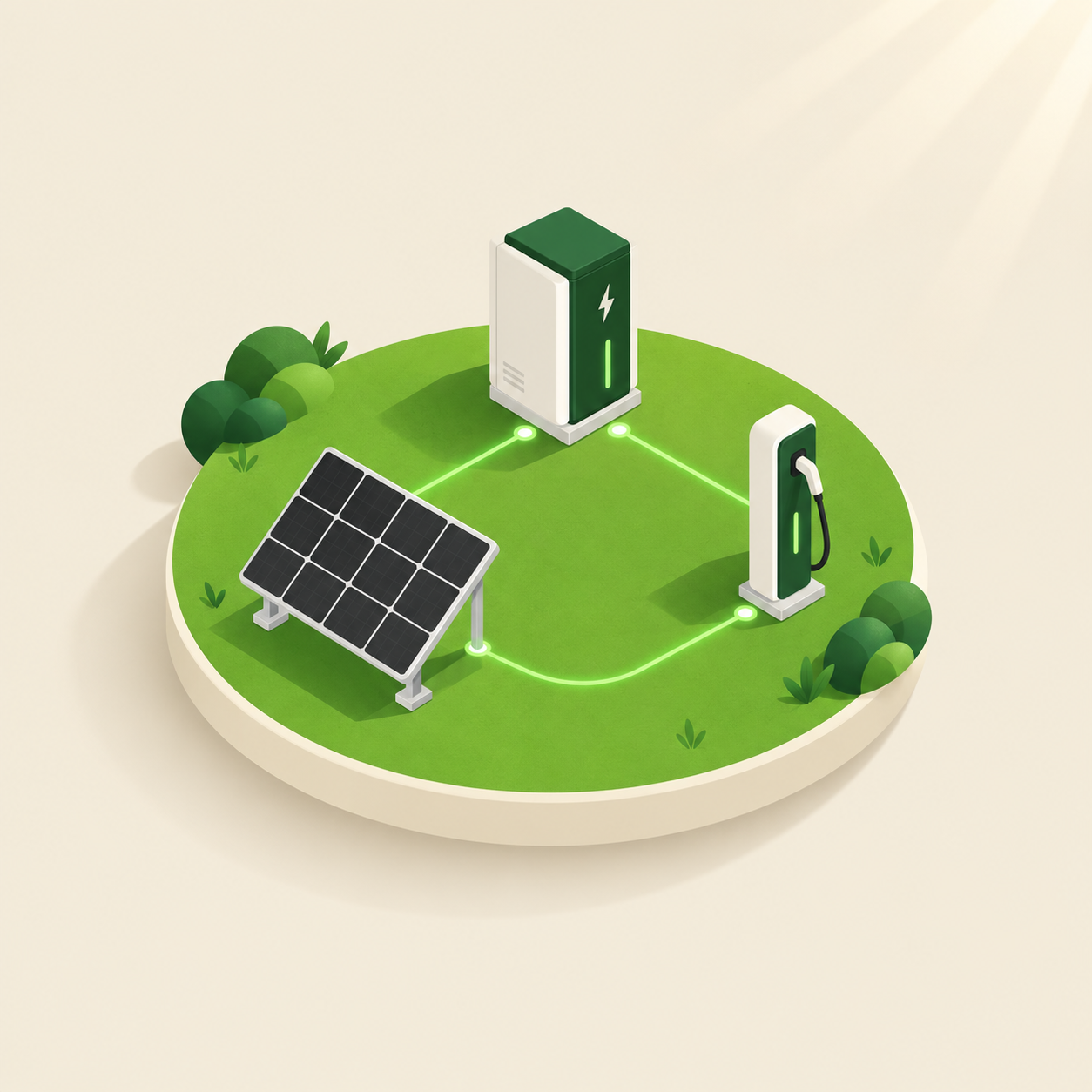 Illustration de synergie entre photovoltaique, batteries, et borne de recharge