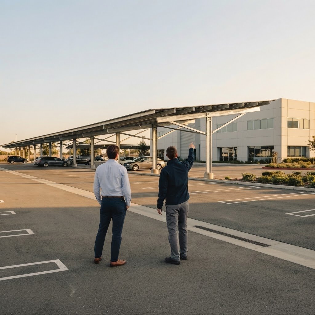 Un professionnel montre à un dirigeant une ombrière de parking